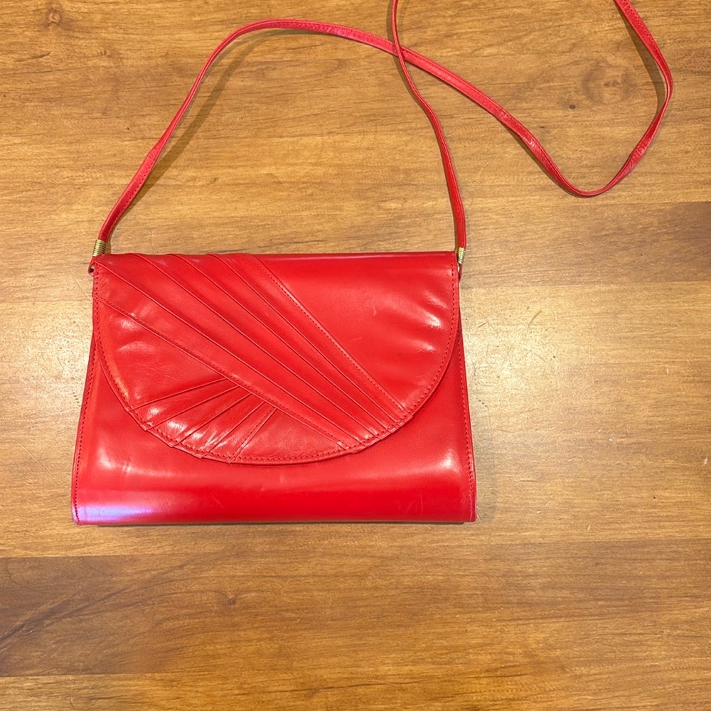 JASMIN Vintage Kidskin Leather Cherry Red Shoulder Bag Clutch Flap Pleated Sexy